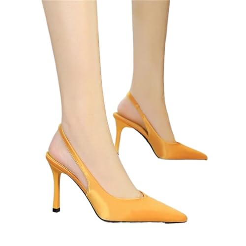 High Heels Damen Version von einfachen Bankett High Heels dünne Absätze Satin Hohl Plain Back Stolpern Spitze Zehen Damenschuhe elegant(3526 Yellow,40) von UJEDFHV