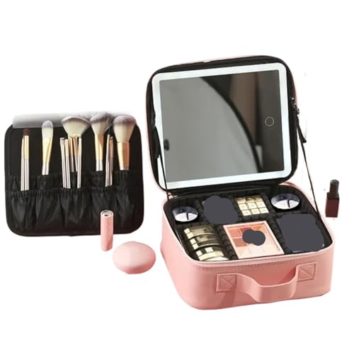 Kulturtasche Damen Make-up-Organizer mit Spiegel, Reise-Zugkoffer, Kosmetiktasche, tragbare Aufbewahrungspartition(Pink) von UJEDFHV