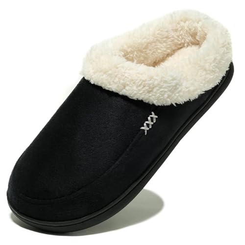 UJEDFHV Herren Hausschuhe Herren Hausschuhe Winter Indoor Plüsch Warme Schuhe Dicke Unterseite Plüsch Wasserdichte Leder Hausschuhe Mann Wildleder Baumwollschuhe(All Black,45-46) von UJEDFHV
