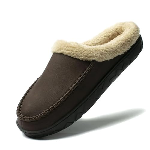 UJEDFHV Herren Hausschuhe Herren Hausschuhe Winter Indoor Plüsch Warme Schuhe Dicke Unterseite Plüsch Wasserdichte Leder Hausschuhe Mann Wildleder Baumwollschuhe(Coffee 61,47-48) von UJEDFHV