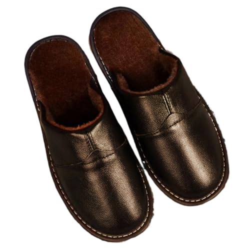 UJEDFHV Herren Hausschuhe Herren Hausschuhe Winter Leder Indoor Slipper Mode Anti-Rutsch bequem Pelz Hause Schuhe männlich(Blackbrown,43-44) von UJEDFHV