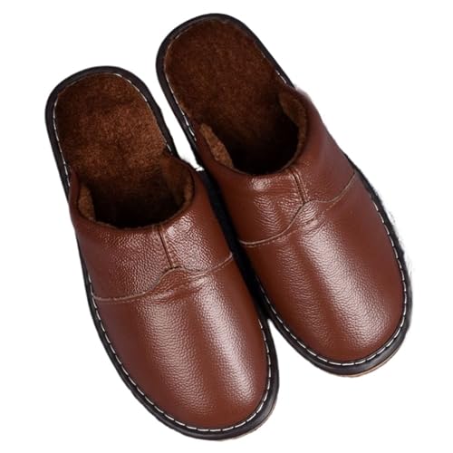 UJEDFHV Herren Hausschuhe Herren Hausschuhe Winter Leder Indoor Slipper Mode Anti-Rutsch bequem Pelz Hause Schuhe männlich(Brown,39-40) von UJEDFHV
