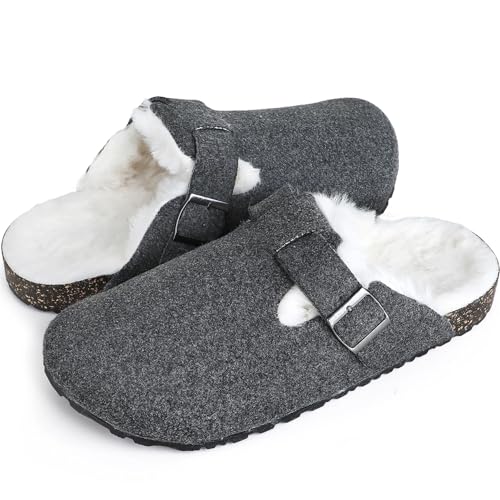 UJEDFHV Herren Hausschuhe Kork-Clogs for Damen, warme Hausschuhe for drinnen und draußen, gemütliche Pantoletten und Clogs mit Filzschnalle(GREYFUR,10-11) von UJEDFHV