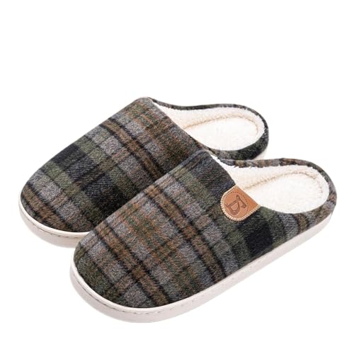 UJEDFHV Herren Hausschuhe Plaid House Pantoffel Männlich Männer Plus Größe Thermo Winter Warm Fuzzy Pelz Plüsch Rutschfeste Indoor Lazy Home Schuh Flache(Dark green,46-47 fit(45-46)) von UJEDFHV