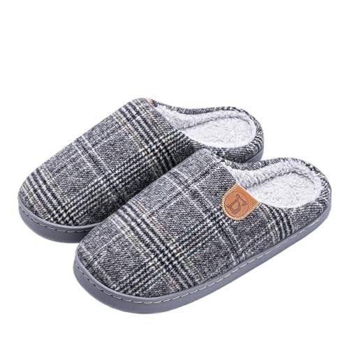 UJEDFHV Herren Hausschuhe Plaid House Pantoffel Männlich Männer Plus Größe Thermo Winter Warm Fuzzy Pelz Plüsch Rutschfeste Indoor Lazy Home Schuh Flache(Light gray,44-45 fit(43-44)) von UJEDFHV