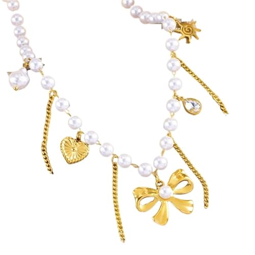 UJEDFHV Pearl Necklace Edelstahl Handgemachte Perle Kette Bowknot Anhänger Halskette for Frauen Halsband Schmuck von UJEDFHV