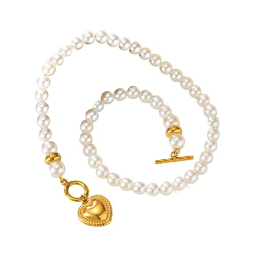 UJEDFHV Pearl Necklace Herzförmiger Anhänger aus Edelstahl for Damen, Halskette mit Kunstperlen von UJEDFHV