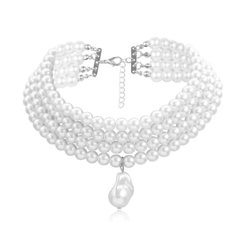 UJEDFHV Pearl Necklace Klassische Layered Strang Runde Perlen Perlen Kragen Choker Halskette for Frauen Anhänger Hochzeit Halskette(Silver) von UJEDFHV