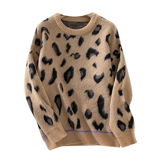 Animal Print Damenpullover, gemütlicher Langarm Leopard Strickpullover, lässiger Winterpullover von UJIAZ