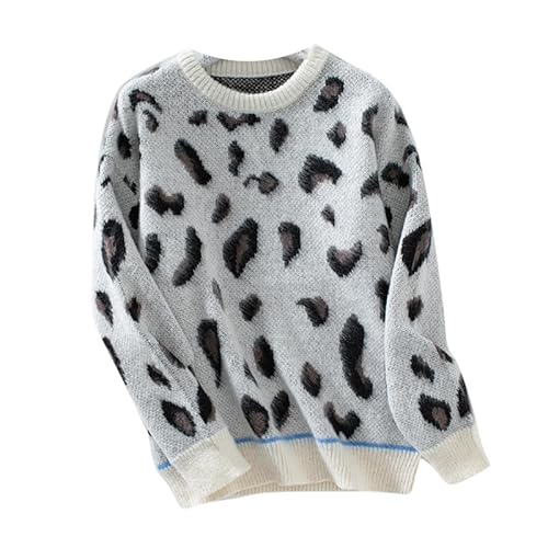 Animal Print Damenpullover, gemütlicher Langarm Leopard Strickpullover, lässiger Winterpullover von UJIAZ