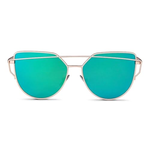 UJNHGQ Cat-Eye-Sonnenbrille aus Metall, für Damen, Metallrahmen, verspiegelte Gläser, UV400-Schutz, C7 Goldgrün, 1 von UJNHGQ
