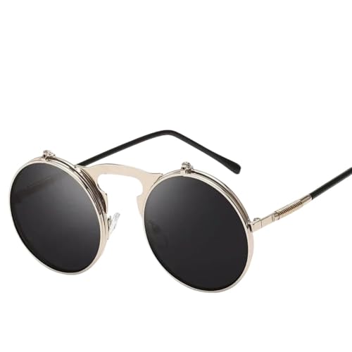 UJNHGQ Retro Flip Runde Sonnenbrille Mann Frau Metall Steampunk Stil Sonnenbrille Männlich Weiblich Doppelte Kreisförmige Klare Linse Brille, Silber Schwarz von UJNHGQ