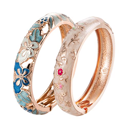 UJOY Emaille-Armreif für Frauen, handgefertigtes Blumen-Armband für Damen, Vintage-Schmuck-Geschenk – 2 Stück Damen-Emaille-Armbänder, Emaille-Armreifen für Frauen, Handemaille-Armbänder von UJOY