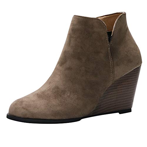 Damen-Stiefeletten mit Keilabsatz, Plateau, High Heels, Leder, Stiefeletten mit Reißverschluss, modische Stiefeletten für Damen, khaki, 37 EU von UJSQNDG