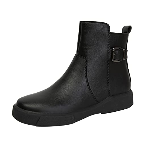 Flache Stiefeletten für Damen, leicht, Leder, kurze Stiefeletten, Damen, lässige Riemenschnalle, zum Reinschlüpfen, runde Zehenschuhe (schwarz, 39,5) von UJSQNDG