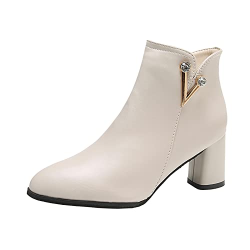 Stiefeletten mit breiter Passform, für Damen, modisch, Kunstleder, kurze Stiefeletten, klobiger Absatz, Strass-Dekoration, Winterschuhe, weiß, 39 EU von UJSQNDG