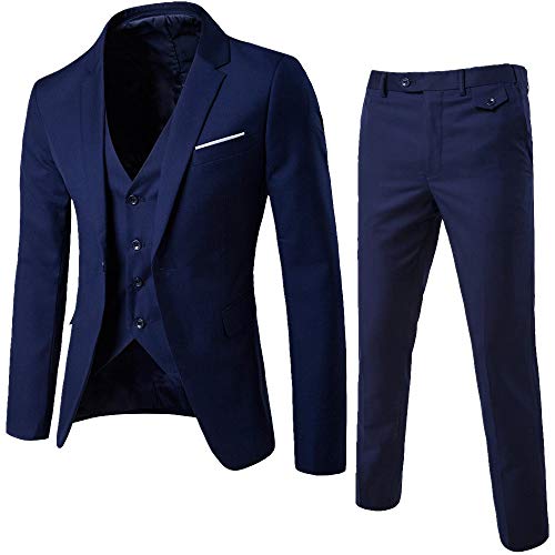 UJUNAOR Herren Slim Business Hochzeitsanzug 3-teiliges Set Jacke Weste Hose Anzug(Marine,CN 3XL) von UJUNAOR