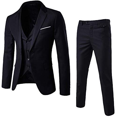 UJUNAOR Herren Slim Business Hochzeitsanzug 3-teiliges Set Jacke Weste Hose Anzug(Schwarz,CN L) von UJUNAOR