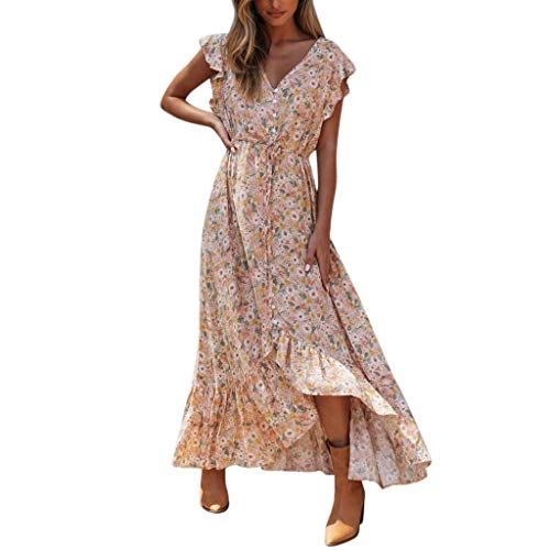 UJUNAOR Sommerkleider Damen Kurzarm V-Ausschnitt Strand Blumen Kleider Sexy ärmelloses Langes Kleid Mit V-Ausschnitt Und Schwarzer Rüsche von UJUNAOR