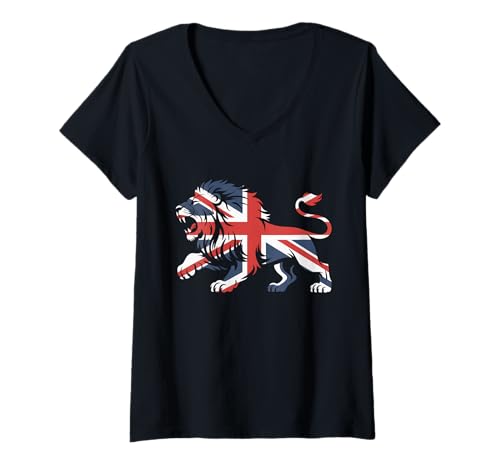 Damen Britische Patriotische Flagge des Vereinigten Königreichs Schädel T-Shirt mit V-Ausschnitt von UK Flag Tiger