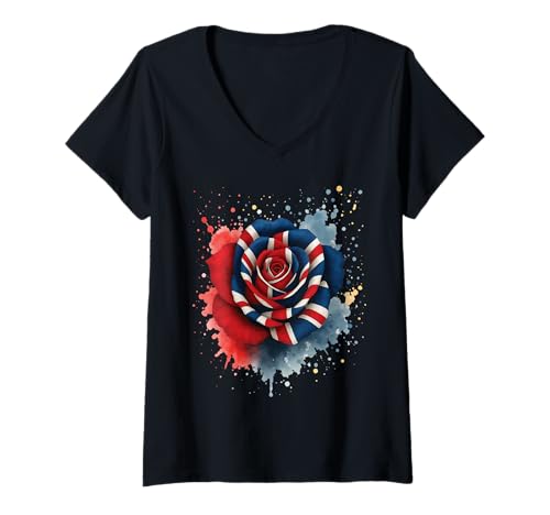Damen Flagge Großbritanniens Rose T-Shirt mit V-Ausschnitt von UK Great Britain Flower