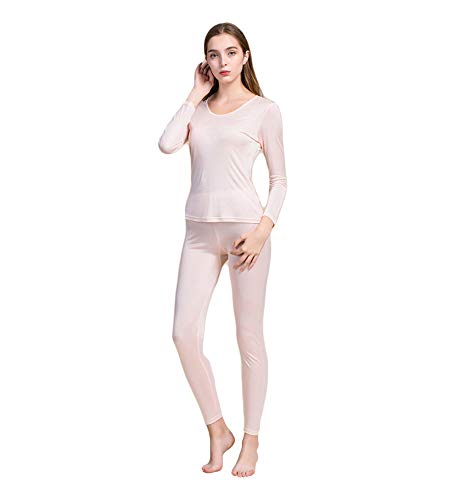 UK_Stone 100% Seide Thermounterwäsche Sets Weich Funktionsunterwäsche Skiunterwäsche Winter Rundhals Langarm Unifarben Schlafanzug Frauen von UK_Stone