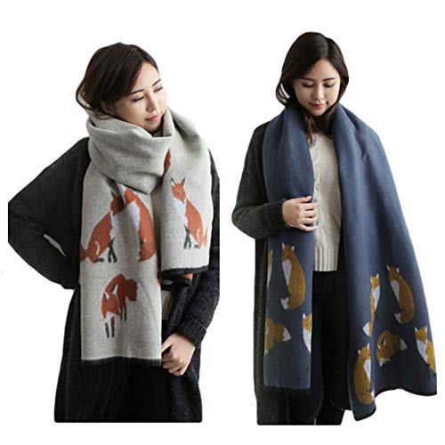 UK_Stone 2pcs Damen Fuchs Pattern Schal Halstuch Gross Poncho mit Quaste (Khaki+Blau) von UK_Stone