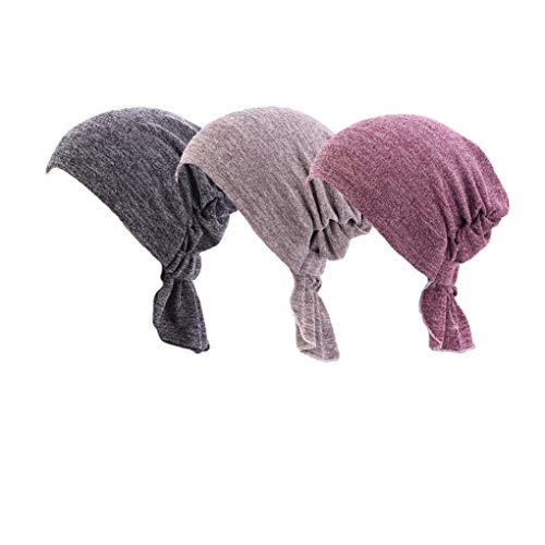 UK_Stone Damen 100% Baumwolle Ethnisch Turban Mütze Unifarben Chemo Kopftücher Haarverlust Kopfbedeckung Unisex (3er Dunkelgrau+Khaki+Bohnen Rot) von UK_Stone