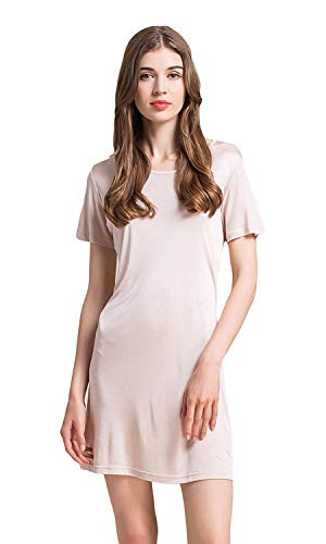 UK_Stone Damen Seide Nachthemd Unifarbe Kurze Ärmel Nachtkleid Beige von UK_Stone