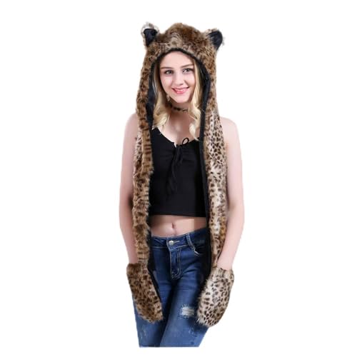UK_Stone Damen 3 in 1 Kunstpelz Schal Handschuhe Mütze Set Verschiedene Süße Tiere Muster für Weihnachten oder Winter, Leopard von UK_Stone