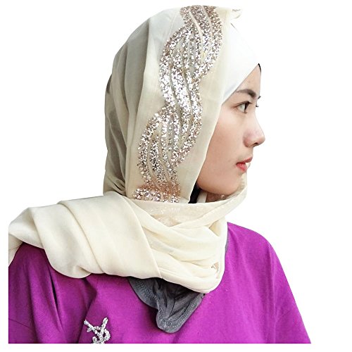 UK_Stone Damen Chiffon Einfarbig Muslimische Hijab Kopftuch Kopfbedeckung Islamischen Hijab Schal Indische Turban-Hüte Turbanmütze mit Champagner Muster, Beige Weiß von UK_Stone