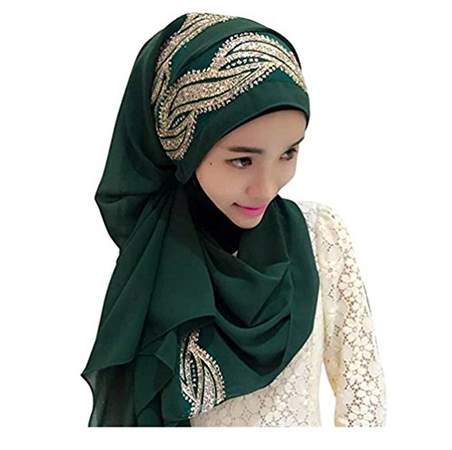 UK_Stone Damen Chiffon Einfarbig Muslimische Hijab Kopftuch Kopfbedeckung Islamischen Hijab Schal Indische Turban-Hüte Turbanmütze mit Champagner Muster, Dunkelgrün von UK_Stone