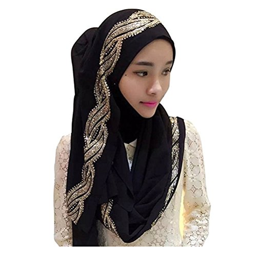 UK_Stone Damen Chiffon Einfarbig Muslimische Hijab Kopftuch Kopfbedeckung Islamischen Hijab Schal Indische Turban-Hüte Turbanmütze mit Champagner Muster, Schwarz von UK_Stone