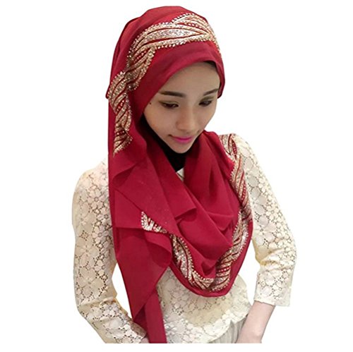 UK_Stone Damen Chiffon Einfarbig Muslimische Hijab Kopftuch Kopfbedeckung Islamischen Hijab Schal Indische Turban-Hüte Turbanmütze mit Champagner Muster, Weinrot von UK_Stone