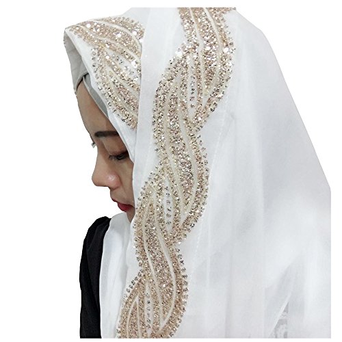 UK_Stone Damen Chiffon Einfarbig Muslimische Hijab Kopftuch Kopfbedeckung Islamischen Hijab Schal Indische Turban-Hüte Turbanmütze mit Champagner Muster, Weiß von UK_Stone