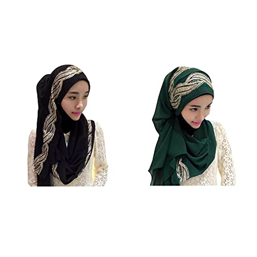 UK_Stone Damen Chiffon Einfarbig Muslimische Hijab Kopftuch Kopfbedeckung Islamischen Hijab Schal Indische Turban-Hüte Turbanmütze mit Champagner Muster (2er_1) von UK_Stone