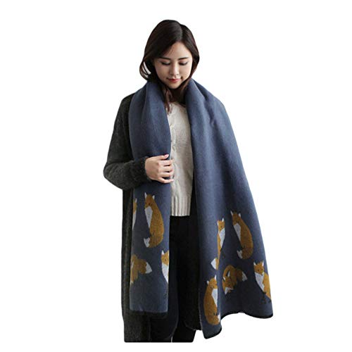 UK_Stone Damen Fuchs Pattern Dunkelblau Schal Halstuch Gross Poncho mit Quaste von UK_Stone
