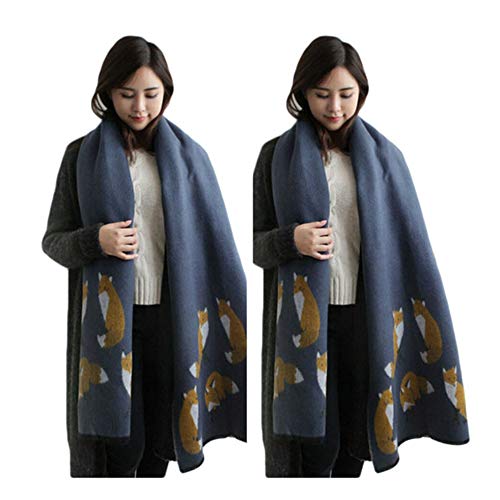UK_Stone Damen Fuchs Pattern Schal Halstuch Gross Poncho mit Quaste (Blau+Blau) von UK_Stone