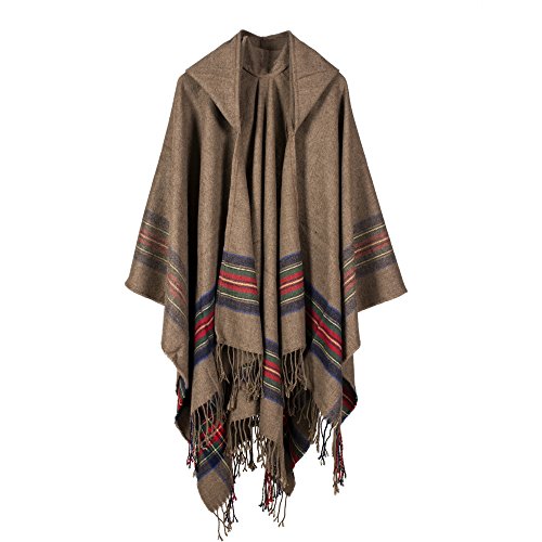 UK_Stone Damen Klassisch Schottisch Bunt Streifen Muster Poncho Cape Umhang mit Mütze (Khaki) von UK_Stone