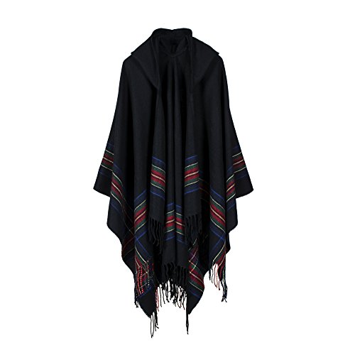 UK_Stone Damen Klassisch Schottisch Bunt Streifen Muster Poncho Cape Umhang mit Mütze (Schwarz) von UK_Stone