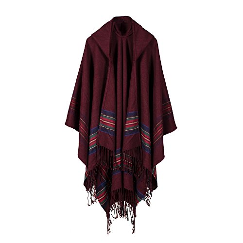 UK_Stone Damen Klassisch Schottisch Bunt Streifen Muster Poncho Cape Umhang mit Mütze (Weinrot) von UK_Stone