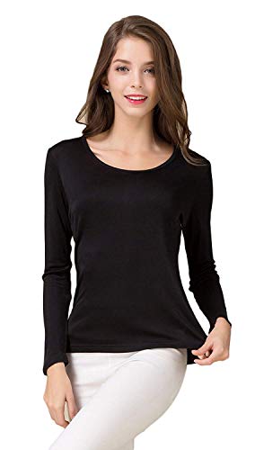 UK_Stone Damen Thermounterwäsche 100% Seide Thermo Oberteil Rundhalsausschnitt Snowboard Funktionsunterwäsche Langarm Unifarbe Skiunterwäsche für Winter,Schwarz von UK_Stone