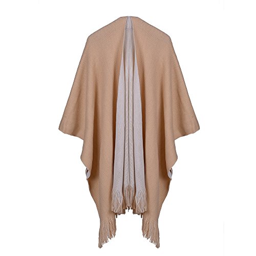 UK_Stone Poncho Damen Cape Trachtentuch Umhang Stola Unifarbig Schultertuch aus Acrylic Doppelseitige Schals mit Quaste Herbst und Winter, Beige von UK_Stone