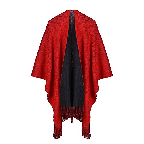 UK_Stone Poncho Damen Cape Trachtentuch Umhang Stola Unifarbig Schultertuch aus Acrylic Doppelseitige Schals mit Quaste in verschiedenen Farben für Herbst und Winter, Rot schwarz von UK_Stone