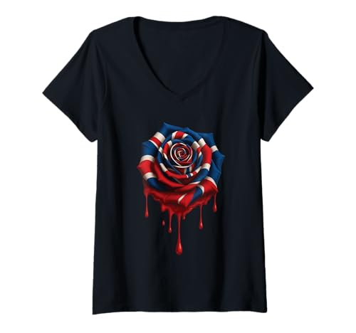 Damen Vereinigtes Königreich Großbritannien Rose T-Shirt mit V-Ausschnitt von UK UK Great Britain Flower
