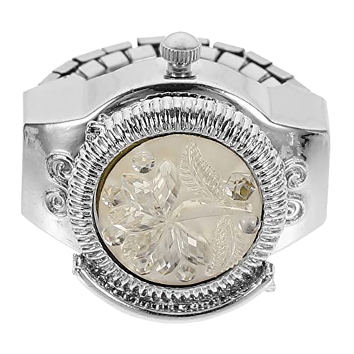 Quarz Finger Ring Uhr: 1 Stück Runde Vintage Fingeruhr Ring Dekorative Vintage Rose Muster Flip- Up Cover Watch Danksagung Mädchen Frauen Damen (Weiß) von UKCOCO