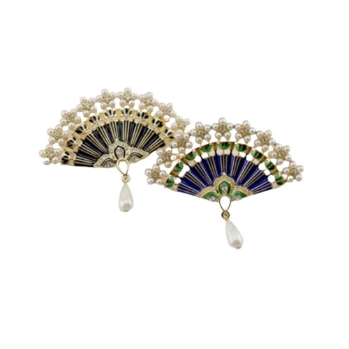 UKCOCO 2 STÜCK Perlenbrosche Damen Chinesische Fächer Brosche mit Strass und Perlen Klassische Anstecknadel für Kleid und Mantel Schmuckaccessoire für Frauen Blau Schwarz von UKCOCO