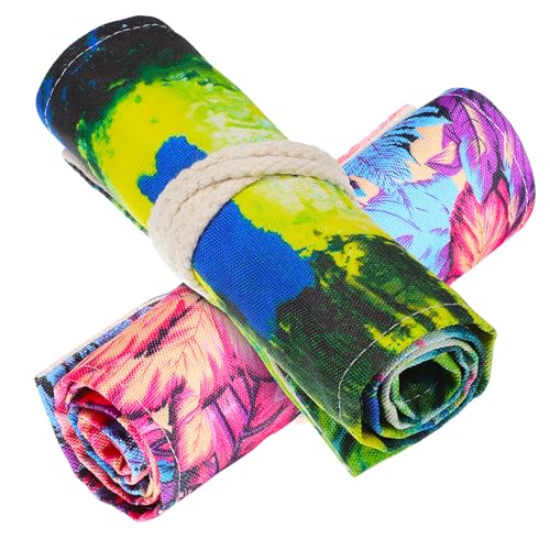 UKCOCO 2 Stück Canvas Stifterolle mit Fächern Rollmäppchen aus Baumwollsegeltuch mit Ahornblatt Stabiles Federmäppchen für Buntstifte Skizzierstifte und Marker Praktisch für Schüler und von UKCOCO