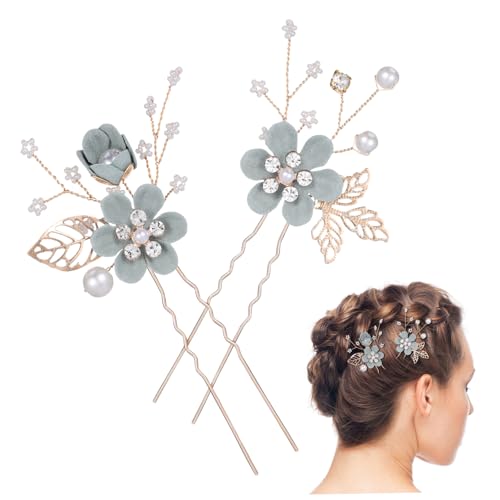 UKCOCO 2 Stück Handgefertigte U Förmige Hochzeits Haarspangen mit Grünen Blumen Leicht und Stabil Eleganter Brautschmuck für Hochzeit Party Fotos und Festliche Anlässe Teiliges von UKCOCO
