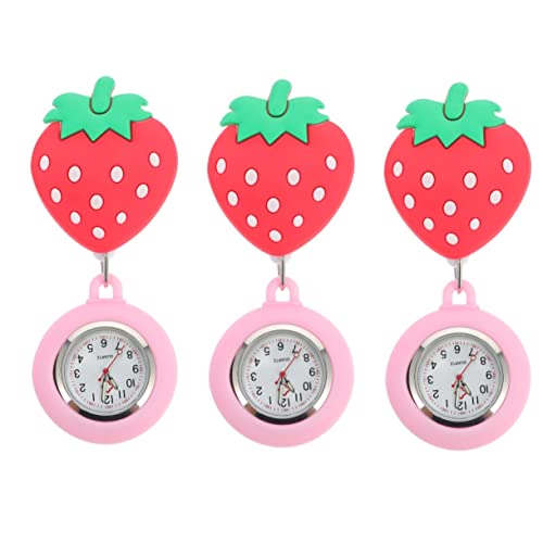 UKCOCO Erdbeer - Uhr 3 STK Schwesterntisch Herz Taschenuhr Damengeschenke Arzttaschenuhr Uhr Mit Strass-Revers Hängende Reversuhr Quarz Revers Uhr Pflege Kieselgel Cartoon-Ordner von UKCOCO